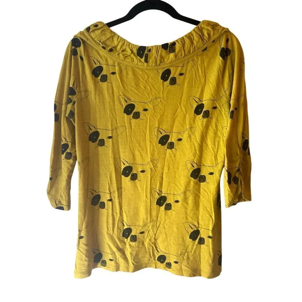 Postmark French Bulldog Print Knitted Top sz M mustard yellow